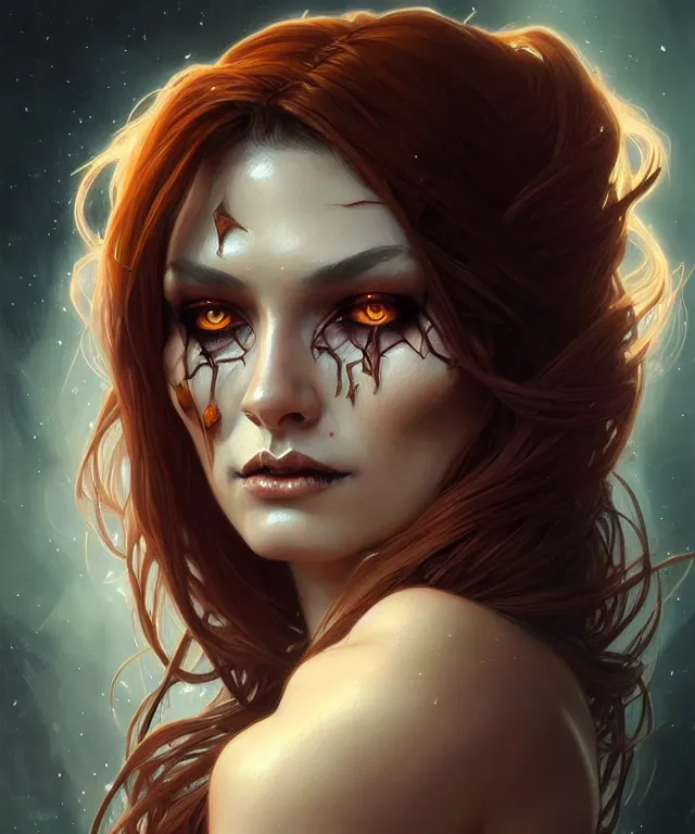 Image similar to Halloween woman portrait, sci-fi, amber eyes, face, long hair, fantasy, intricate, elegant, highly detailed, digital painting, artstation, concept art, smooth, sharp focus, illustration, art by artgerm and greg rutkowski and alphonse mucha