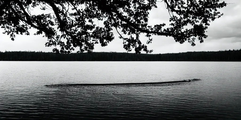 Image similar to centered photograph of a long rope snaking across the surface of the water, stretching out towards the center of the lake, a dark lake on a cloudy day, mood, trees in the background, anamorphic lens