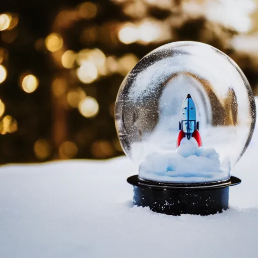 Image similar to a space rocket inside a snow globe, 3 5 mm, disposable film, lens blur, 8 k, realistic, dramatic backlighting