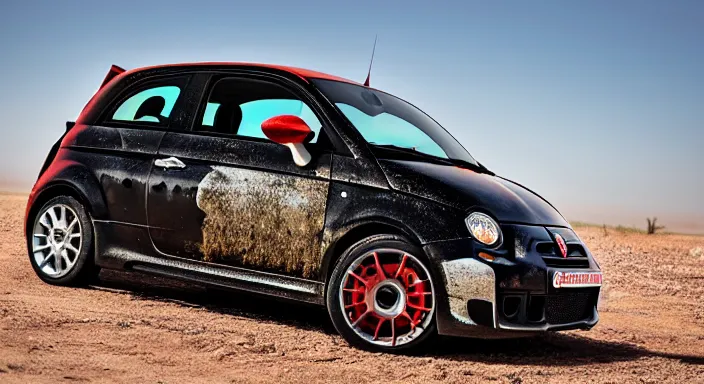 Prompt: a wrecked 2 0 1 0 abarth 5 0 0, abandoned in a desert, dusty, damaged, some rust