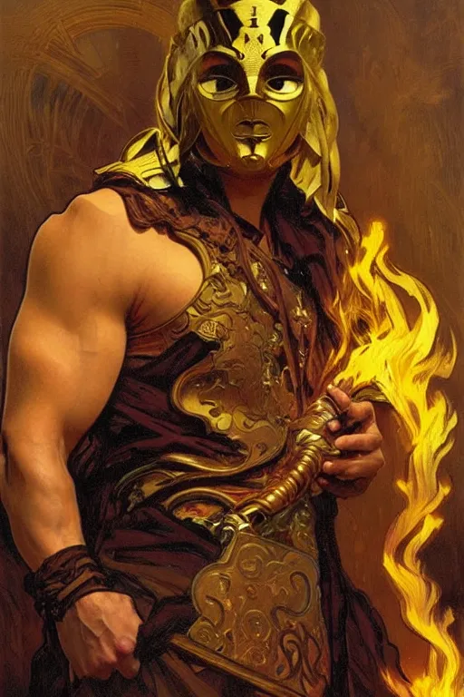 Image similar to A man wearing golden mask, hair like fire, muscular, painting by greg rutkowski and alphonse mucha