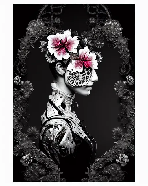 Image similar to monochrome profile portrait painting, dutch masters, silver lace floral steampunk biomechanical beautiful young female cyborg with one fluo techno eye, monocular, volumetric light, leaves foliage and stems, hibiscus flowers, rim light, big gothic fashion pearl embroidered collar, 8 k