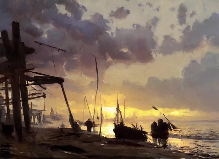 Image similar to oil painting of fishing village in dawn by anders zorn, wonderful art by greg rutkowski, incredible lighting, shadows, beautiful cinematic light, american romanticism by greg manchess, very bright and optimistic, warm and cold contrast, heat and freezing