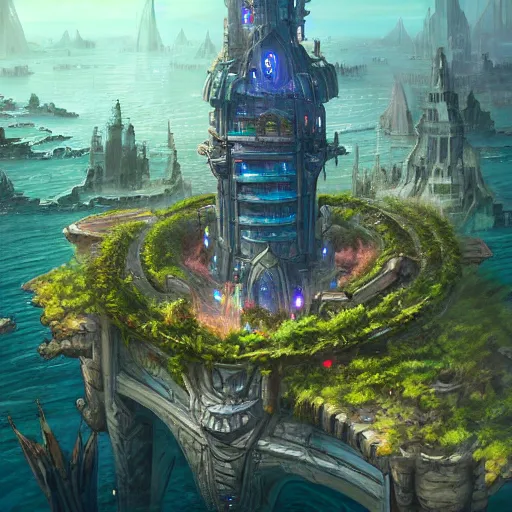 Image similar to aerial view of a giant fish tank shaped like a tower in the middle of a city, godray on plants, fantasy digital art, fantasy style art, fantasy hearthstone art style, fantasy game art by greg rutkowski, darksouls concept art