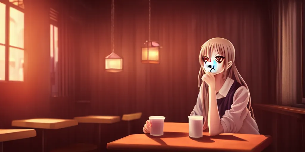 Prompt: anime girl sitting and drinking in a cozy bar, 3, volumetric lighting, symmetrical face, detailed face, hyper real, pencil art, moody lighting, cute, comfy