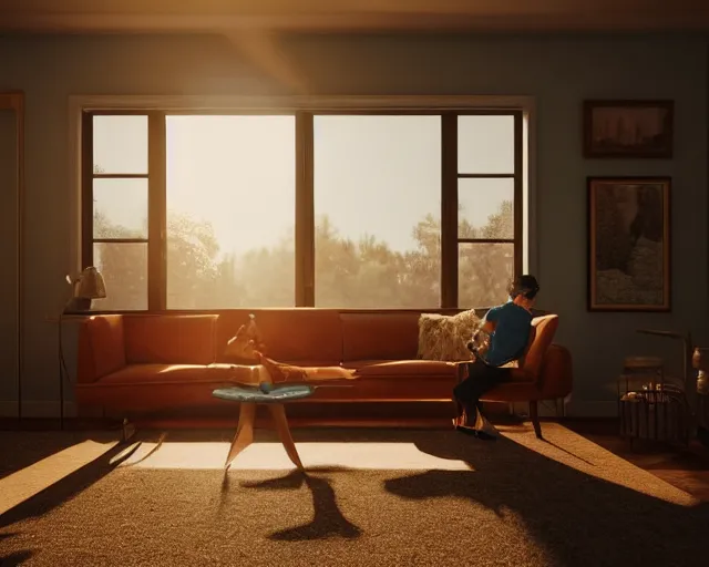 Image similar to vintage magazine photograph of an old pickup player in a mid century living room, golden hour, late afternoon sun, rays of light coming through the window, ultra realistic, ultra detailed, masterpiece, 8 k octane render, ambient diffusion, subsurface scattering, trending on artstation, cgstudio