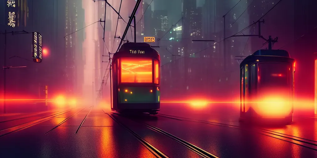 Prompt: tram on the viaduct ， foggy ， tyndall effect ， blade runner 2 0 4 9, 4 k resolution, ultra wide angle, cinematic, octane render