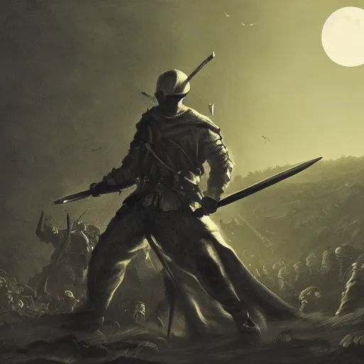 Prompt: hero holding a sword facing an army of the undead, scenic view, dark atmosphere, full moon, moonlight, dynamic lighting, pencil art