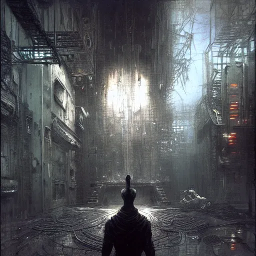 Image similar to lost and alone in a cyberpunk noir city by gustave dore and gustave moreau and beksinski and giger and craig mullins and jeremy mann