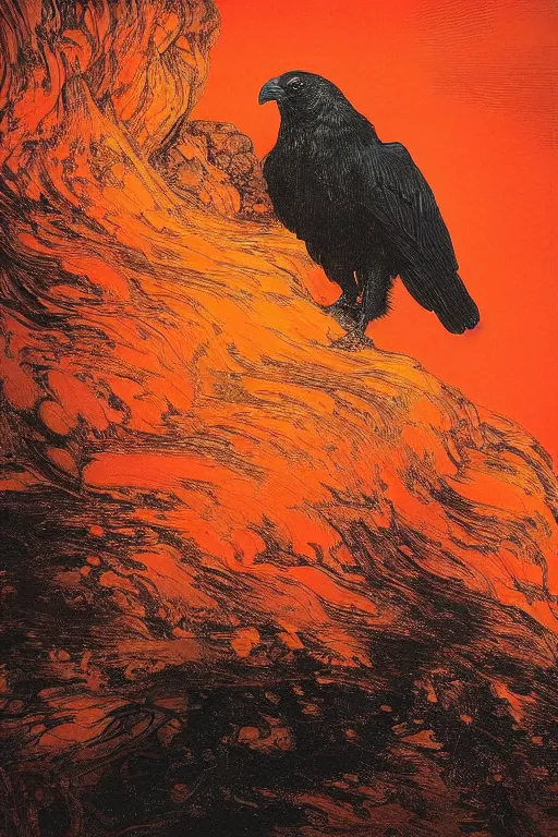 Prompt: a breathtakingly stunningly beautifully highly detailed extreme close up portrait of a majestic raven, a rock arch overhead framing top of shot, epic coves crashing waves plants, beautiful clear harmonious composition, dynamically shot, wonderful strikingly vivid orange beautiful dynamic sunset with epic clouds, detailed organic textures, by frederic leighton and rosetti and turner and eugene von guerard, 4 k