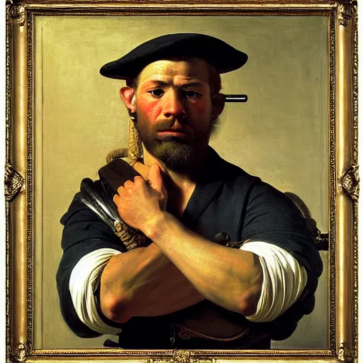 Prompt: portrait of a us navy seal by caravaggio, posing, face, clair obscur, highly detailed, painting, by jean honore fragonard, by peter paul rubbens, by bouguereau, by caravaggio, by diego velazquez, by rembrandt, by jacques louis david
