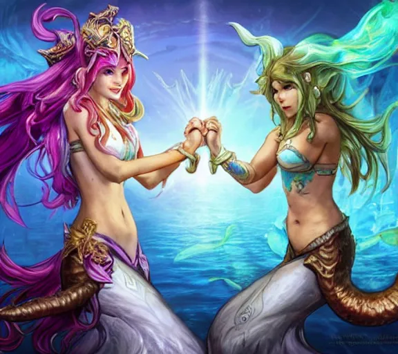 Image similar to two mermaids share a victorious fistbump, crepuscular rays behind fistbump, whimsical, dungeons and dragons, league of legends splash art, heroes of the storm splash art, hearthstone splash art, world of warcraft splash art, overwatch splash art, art by artgerm, art by alphonse mucha, intricately detailed, highly detailed, trending on artstation,