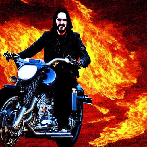 Prompt: Keanu reeves Riding a motorcycle Through Fire digital art 4K detail