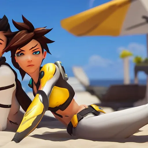 Image similar to tracer and mercy from overwatch relaxing at the beach getting a sun tan, unreal engine 5 4 k