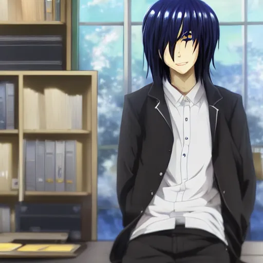 Image similar to aloof anime man with black emo hair wearing baggy shorts, standing in headmistress's office, smug grin, smug expression, punchable expression, punchable face, he's a jerk, sharp details, subsurface scattering, intricate details, art by artgerm, anime, anime hd wallpaper, 2 0 1 9 anime screenshot