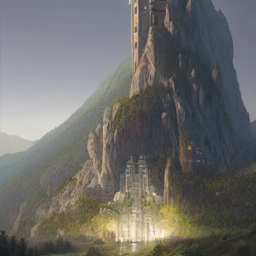 Image similar to A professional digital painting of monumental futuristic castle in mountains, by Greg Rutkowski and James Gurney, trending on Artstation, green architecture, futuristic, ultra detail, octane render