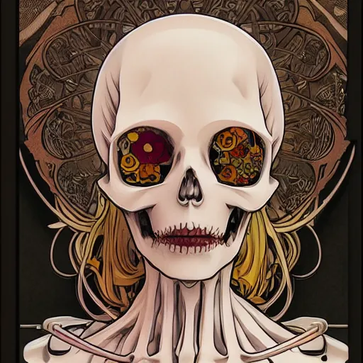 Image similar to anime manga skull portrait girl female skeleton illustration hyperrealistic art Geof Darrow and will cotton alphonse mucha pop art nouveau