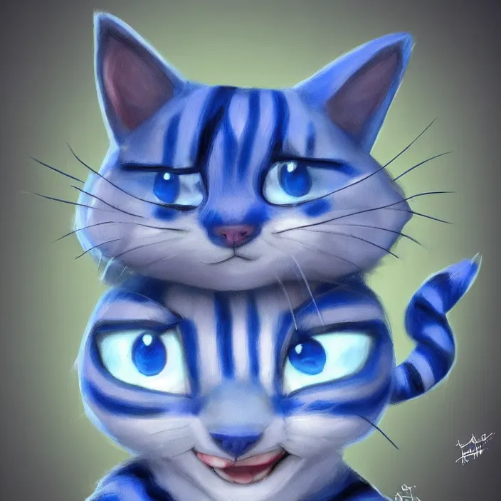 Image similar to cute blue striped cat of cheshire from alice in wonderland. an adorable cat with light blue stripes and a big playful human - like smile. award - winning digital art, trending on artstation