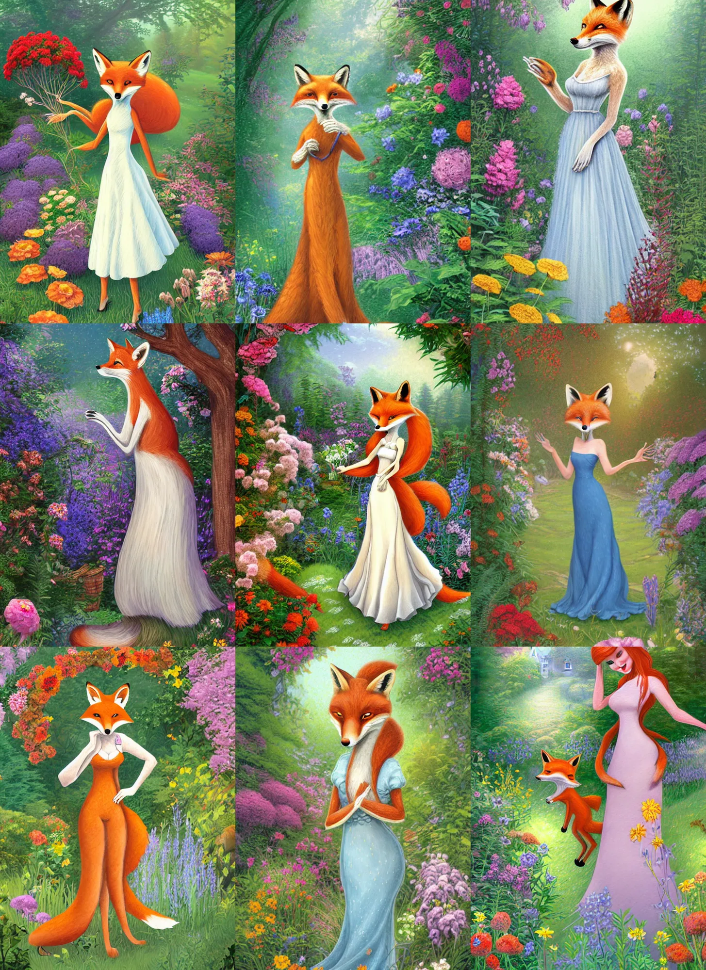 Prompt: an anthropomorphic fox stands outside her beautiful country home wearing a flowing dress, surrounded by flowers and shrubs, illustration by Mary Jane Begin, Steven James Petruccio, Keren Katz, Thomas Kinkade, lois van baarle