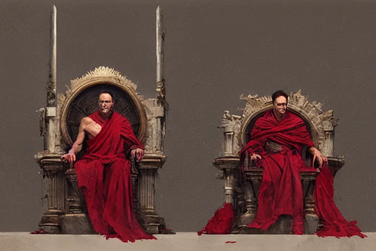 Image similar to the end is near. a tired julius caesar is sitting on his throne. face is highly detailed. splices of red are running down his toga. mist. color scheme red. low angle medium shot. imagined by greg rutkowski and jeremy lipking