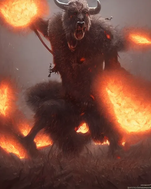 Prompt: oil painting of Angry Anthropomorphized Cow Berserker, wearing fur armor, claws, sharp focus, attack pose, fantasy style, octane render, volumetric lighting, 8k high definition, by greg rutkowski, highly detailed, trending on art Station, magic the gathering artwork, burning Battlefield background, centered