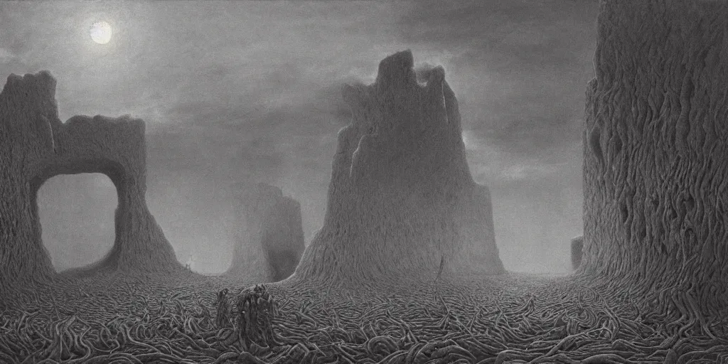 Prompt: Painting Isle of the dead, Zdzisław Beksiński, global illumination, radiant light, detailed and intricate environment