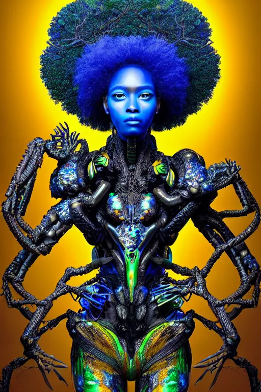 Image similar to hyperrealistic post-maximalist super expressive! black woman with exoskeleton armor, merging with tree in a forest, highly detailed digital art masterpiece smooth cam de leon hannah yata dramatic pearlescent blue yellow light ground angle hd 8k sharp focus