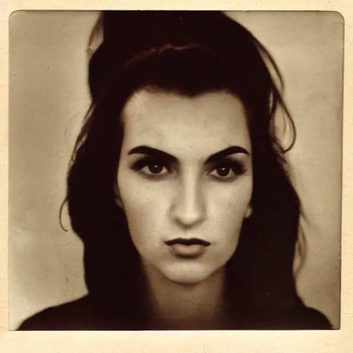 Image similar to old film photo of an atractive cool alternative bosnian woman in her early 20s. beautiful face. She has dark brown hair, dark thick eyebrows, brown eyes and shoulder long hair.