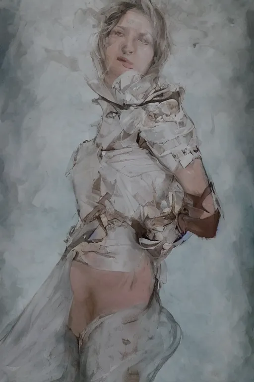 Image similar to a photorealistic painting of an attractive young girl, partially clothed in battle armor, olive skin, long dark hair, beautiful bone structure, symmetrical face, perfect eyes, intricate, elegant, digital painting, concept art, illustration, sharp focus, minimal artifacts, from Metal Gear, in the style of Ruan Jia and Mandy Jurgens, by Greg Rutkowski, trending on Artstation, award winning