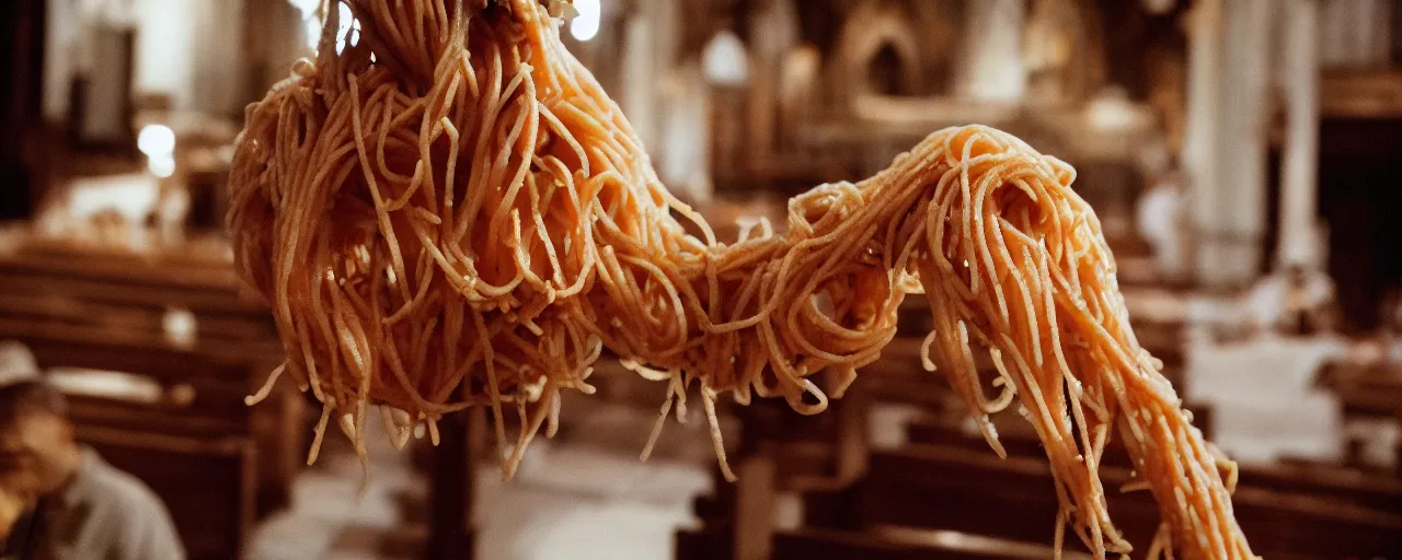 Image similar to an effigy of spaghetti inside a church, canon 5 0 mm, cinematic lighting, photography, retro, film, kodachrome, closeup