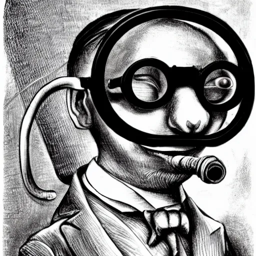 Image similar to a rat with steampunk googles, by Charles Addams