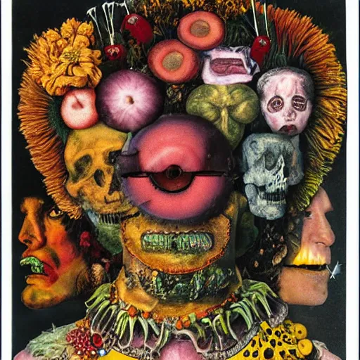 Image similar to punk album cover, blank horizontal banner on top, psychedelic, giuseppe arcimboldo