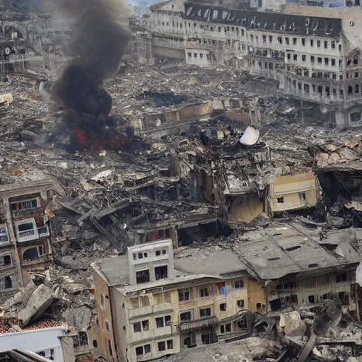 Prompt: a city is getting destroyed and buildings and palaces are collapsing a man from higher elevation looking at city while fire is everywhere and dead bodies and broken buildings are everywhere detailed