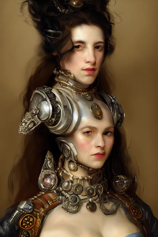 Prompt: moody portrait, headshot, digital painting, of a 17th century, beautiful cyborg girl merchant, dark hair, amber jewels, baroque, ornate clothing, scifi, futuristic, realistic, hyperdetailed, chiaroscuro, concept art, art by frans hals