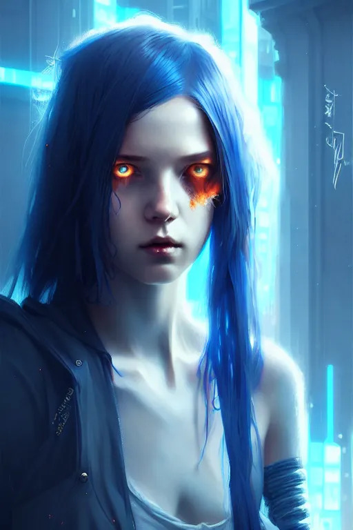 Prompt: a young, slender girl, with fiery blue hair and bright eyes, hyperrealistic face, beautiful eyes, fantasy art, in the style of greg rutkowski, intricate, hyperdetalized, smooth, cyberpunk, tech