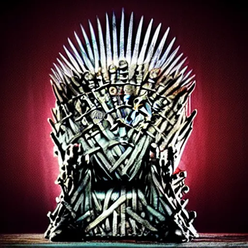 Prompt: “Very crisp close-up photo of Walter White sitting on the Iron Throne from Game of Thrones, atmospheric lighting, award-winning details”