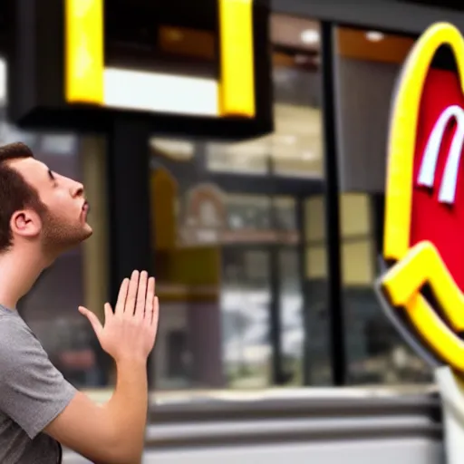 Image similar to photograph of a man with a inverted head begging for food at mc donalds, 8k resolution, high detail, ULTRA REALISTIC VFX, reflections