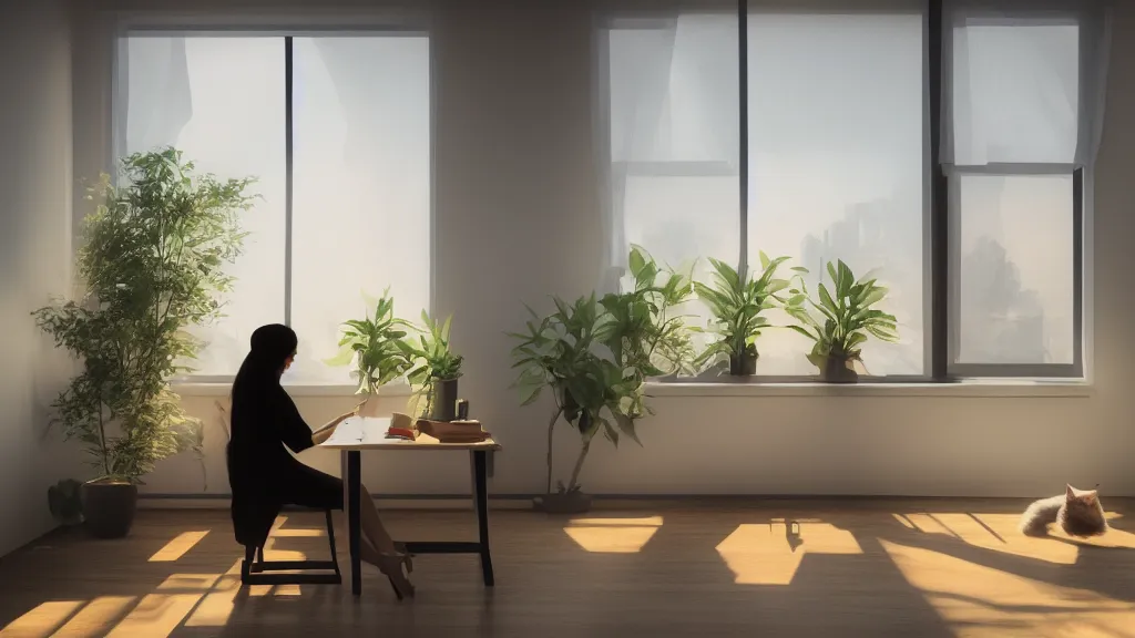 Image similar to peaceful dreamy painting of a beautiful young woman sitting at a desk with a black cat, sunshine coming through the window, small plants on the window sill, 8k, hyper realism, trending on artstation, octane render, dynamic lighting