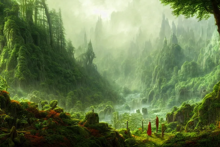 Prompt: a beautiful and highly detailed matte painting of a secret elven valley deep in a lush forest in the misty mountains, psychedelic, celtic, intricate details, epic scale, insanely complex, 8 k, sharp focus, photorealism, artstation, cgsociety, by caspar friedrich, albert bierstadt, james gurney, brian froud,