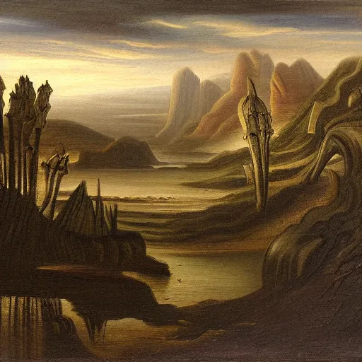 Prompt: landscape in the style of hudson river school of art by h. r. giger