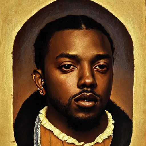 Image similar to a renaissance style portrait painting of kendrick lamar