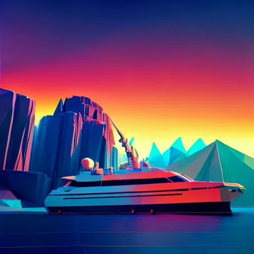 Prompt: super detailed color art, big graphic seiner ship on sunset view with polygonal mountains, unreal engine, high contrast color palette, 3 d render, lowpoly, colorful, digital art, perspective, full volume composition, syd mead