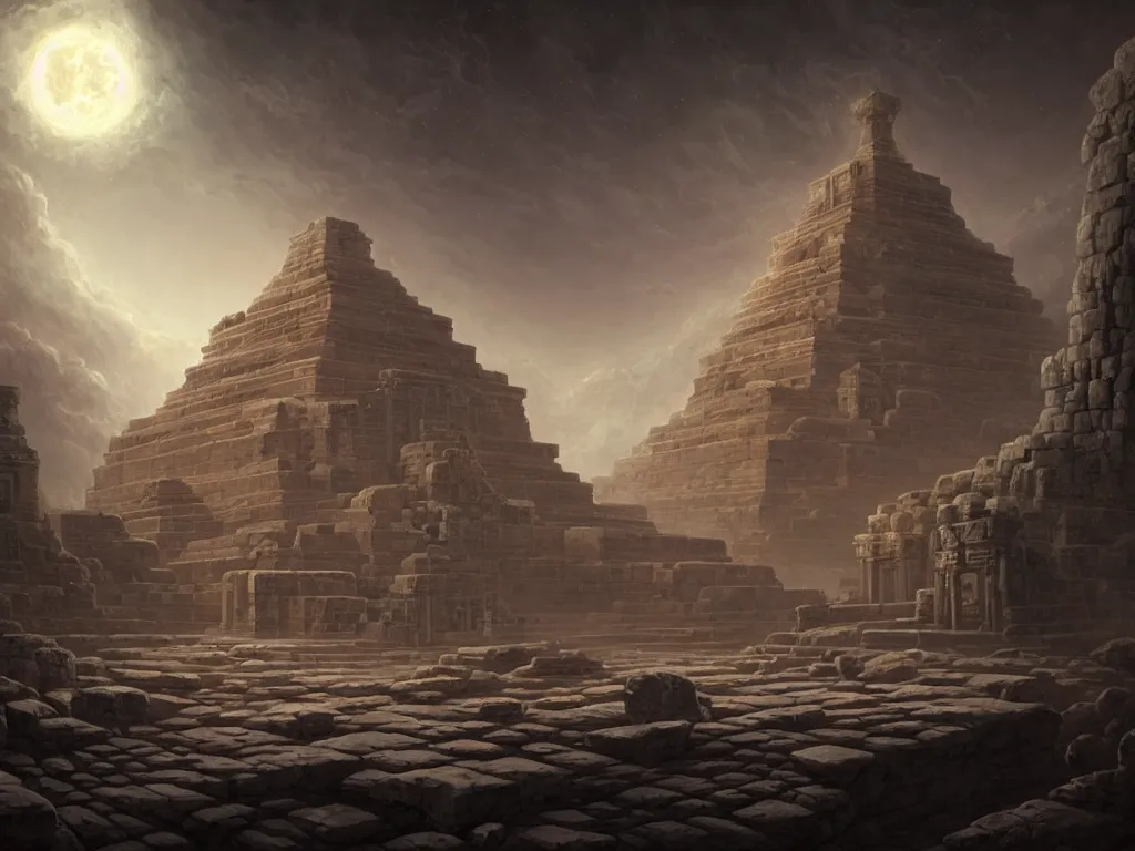 Prompt: A picture of an ancient temple with geometric patterns under the full moon art by Noah Bradley, Darek Zabrocki, Pablo Carpio and Jordan Grimmer, ominous, cosmic horror, Ultra detailed, hyper realistic, 4k