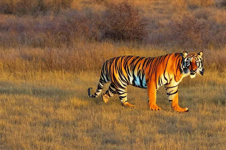 Prompt: tiger in the left, antelope in the right, the antelope is chasing the tiger, golden hour, 6 0 0 mm, wildlife photo, national geographics