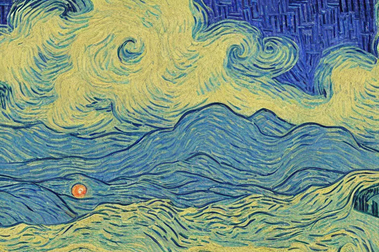 Image similar to japanese scenery in edo period, by vincent van gogh, high saturation, blue color scheme