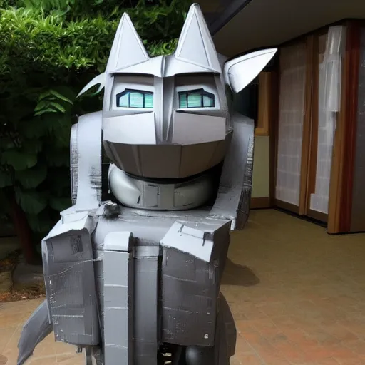 Prompt: a cat sitting on top of a robot suit, a statue by Studio Ghibli, featured on reddit, mingei, made of cardboard, sci-fi, futuristic