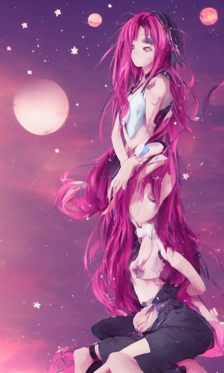 Prompt: A beautiful anime cat girl with pink hair, digital art, cgsociety, trending on artstation, sunset background with shooting stars in the sky