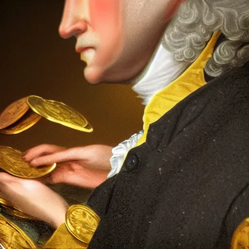 Image similar to a closeup photorealistic photograph of a happy George Washington inspecting small gold Doubloon coins at his home on Cherry Street. This 4K HD image is Trending on Artstation, featured on Behance, well-rendered, extra crisp, features intricate detail and the style of Unreal Engine.