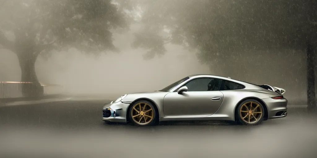 Prompt: parked silver porsche 9 1 1 gt, fog, rain, volumetric lighting, beautiful, golden hour, sharp focus, highly detailed, cgsociety