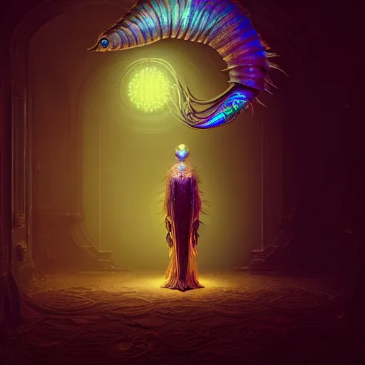 Prompt: iridescent creature, backlit, warm tones, bioluminescent : by michal karcz, daniel merriam, victo ngai and guillermo del toro : ornate, dynamic, particulate, intricate, elegant, highly detailed, centered, artstation, smooth, sharp focus, octane render